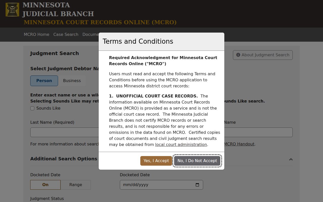 Le Sueur County case search MCRO Judgment Search