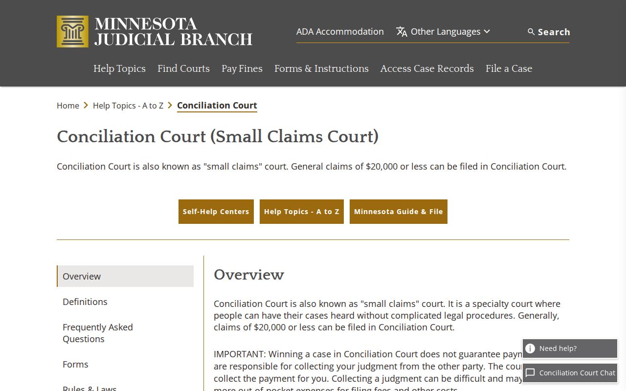 Le Sueur County civil docket Conciliation Court guidance