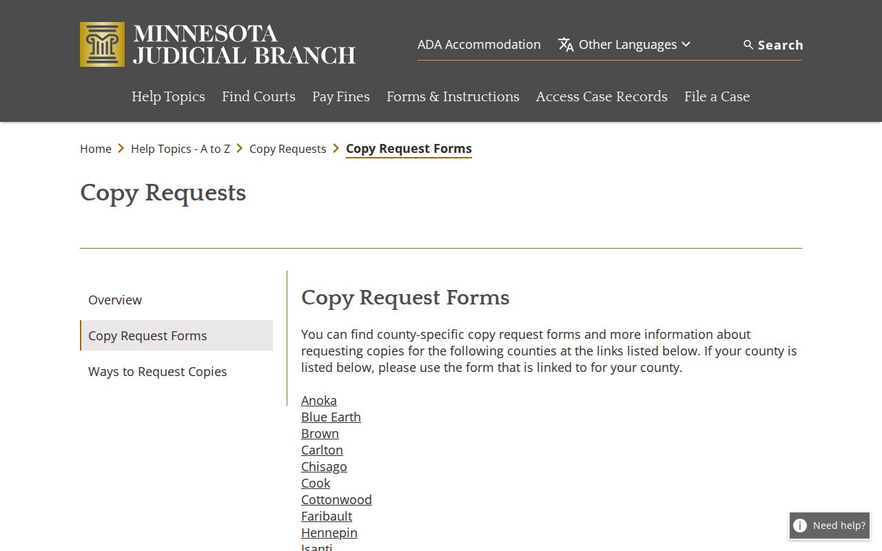 Le Sueur County court records Minnesota copy request forms