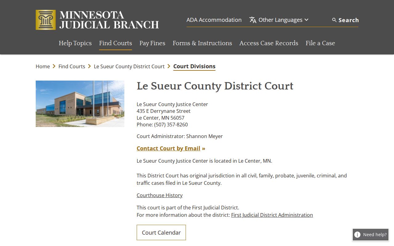 Le Sueur County criminal docket court divisions